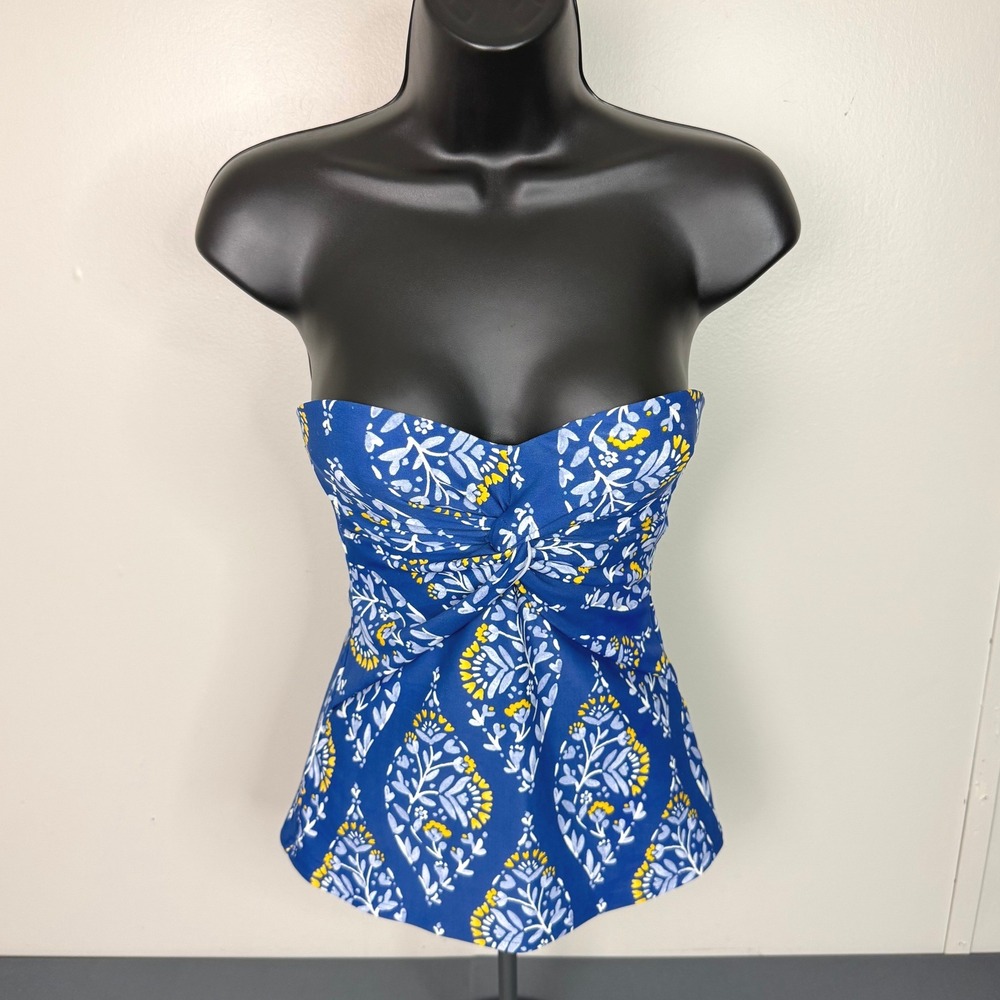 LOFT Swim Top Womens XS Beach Blue Floral Twist Front Strapless Tankini Straps